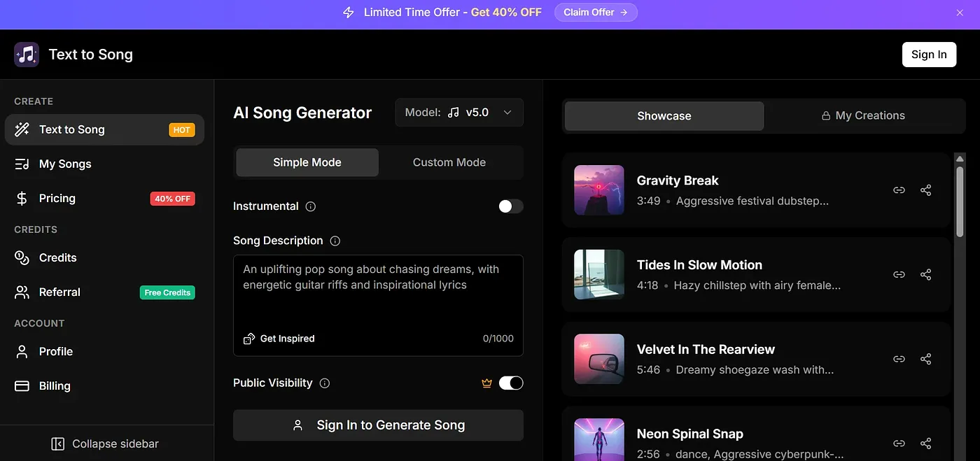Screenshot of Text to Song AI