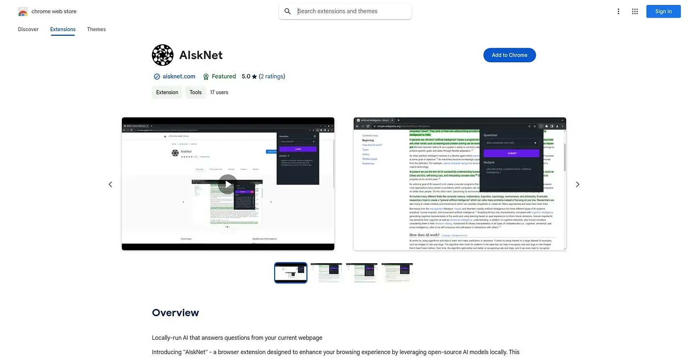 Screenshot of Aisknet Chrome Extension