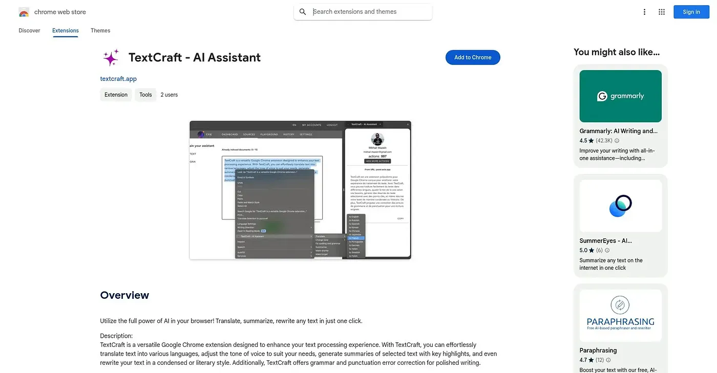 Screenshot of Textcraft AI Assistant