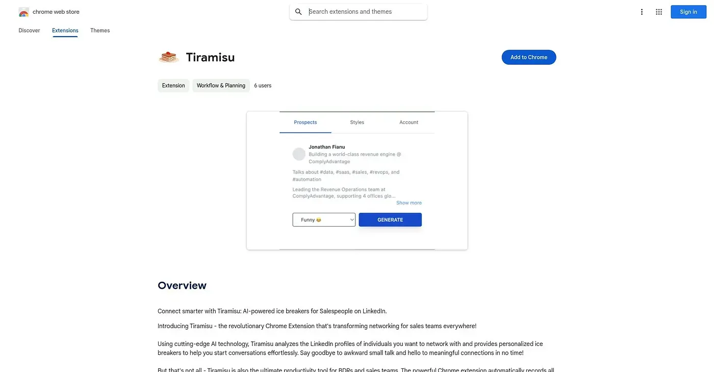 Screenshot of Tiramisu Chrome Extension