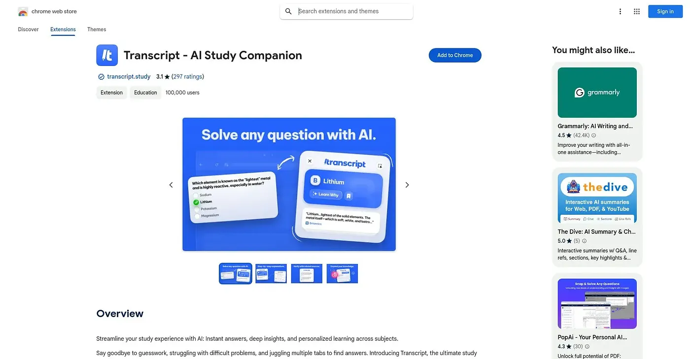 Screenshot of Transcript AI Study Compa - Chrome Extension