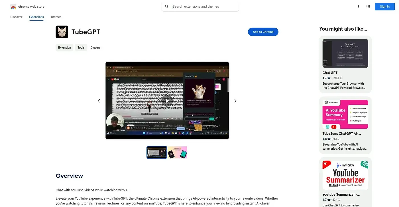 Screenshot of TubeGPT Chrome Extension