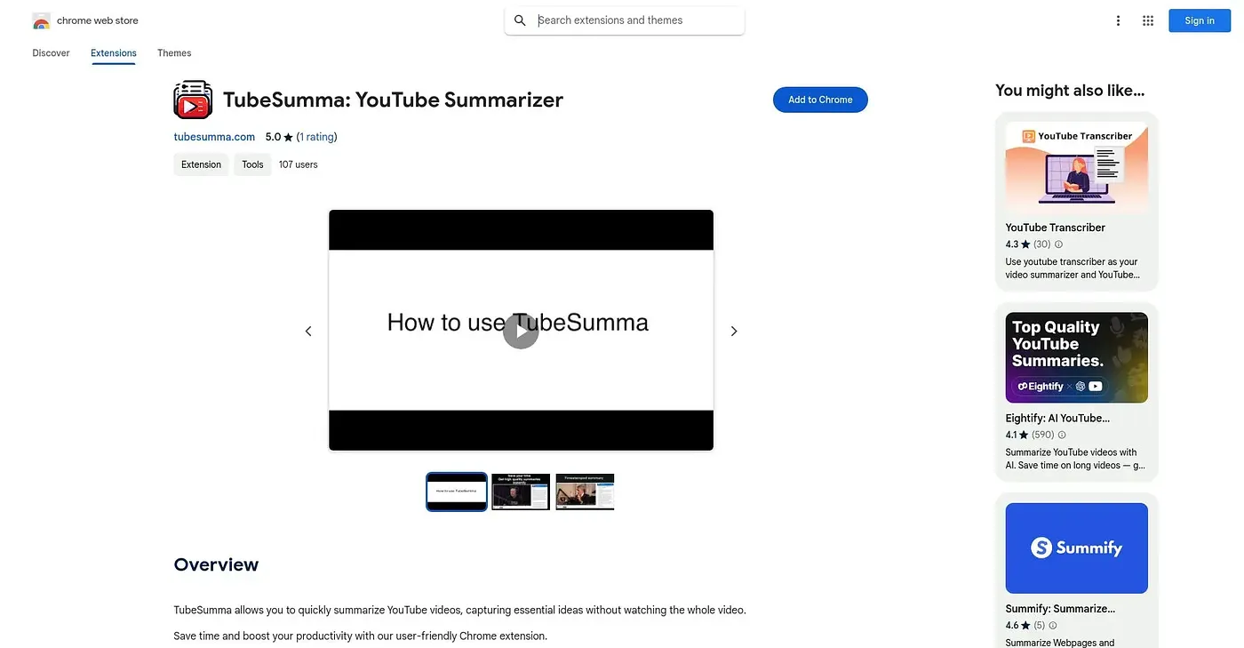 Screenshot of TubeSumma Chrome Extension