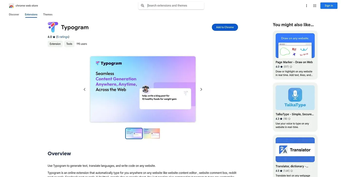 Screenshot of Typogram Chrome Extension