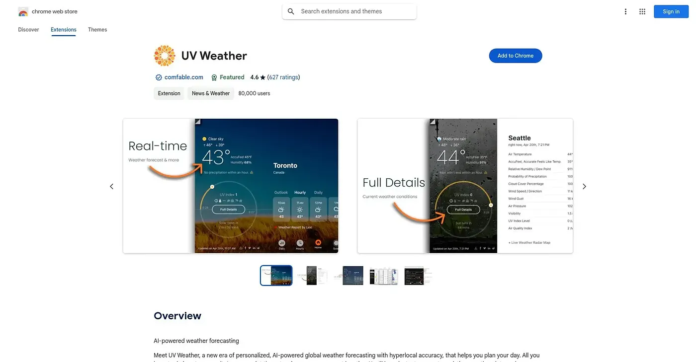 Screenshot of UV Weather Chrome Extension