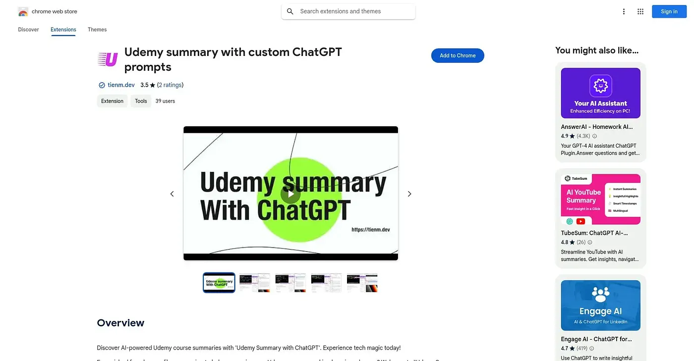 Screenshot of Udemy Summary with ChatGPT Chrome Extension