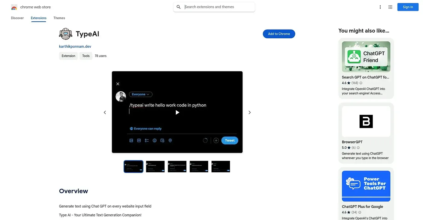 Screenshot of Type AI Chrome Extension
